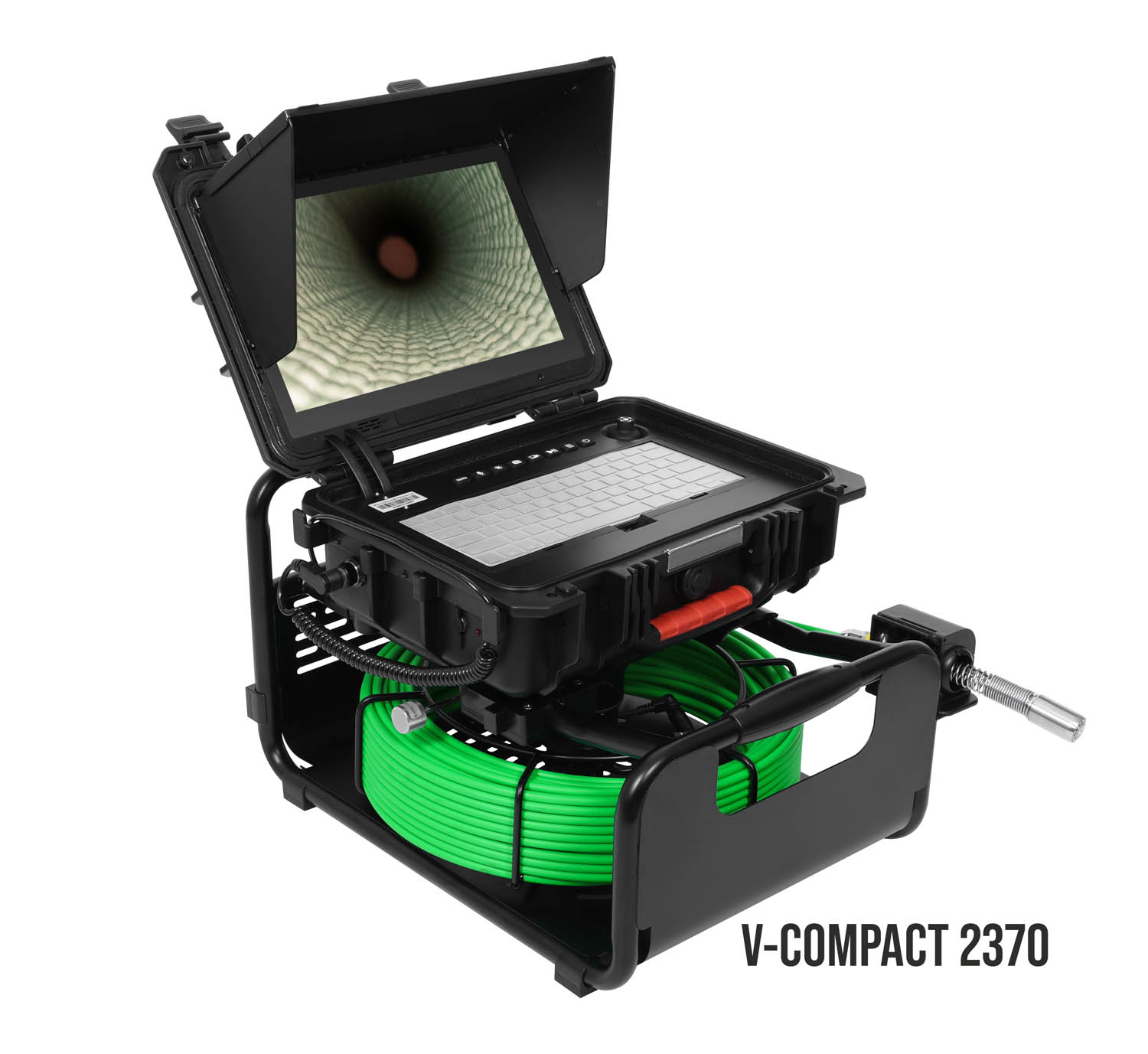 Portable inspection monitor with a folding lid, keyboard, and a green coiled cable labeled V-COMPACT 2370