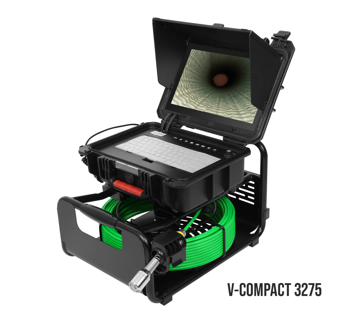 Portable inspection system with a screen showing a tunnel view and a bright green hose reel, model V-COMPACT 3275